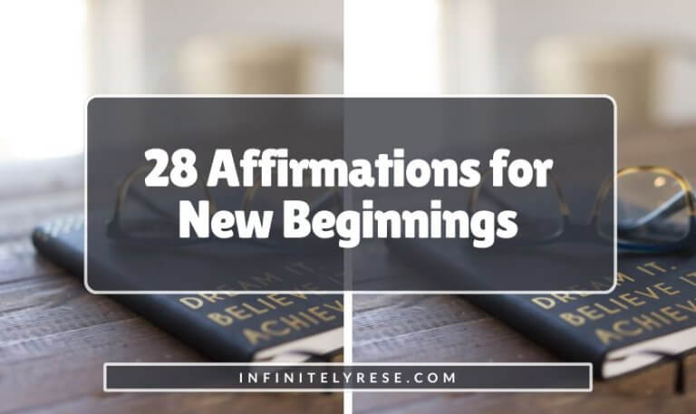 Glasses laying on top of blue notebook. Text reads: 28 Affirmations for New Beginnings.