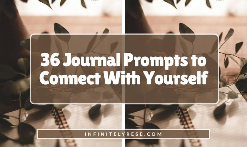 Leaf stem laying over open notebook. Text reads: 36 Journal Prompts to Connect With Yourself.