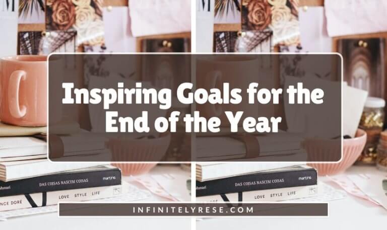 Pink mug sitting on a stack of books. Text reads: Inspiring Goals for the End of the Year.