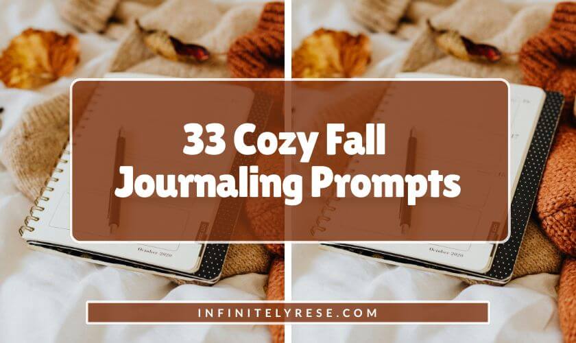 Planner and ink pen on brown sweater. Text reads: 33 Cozy Fall Journaling Prompts.