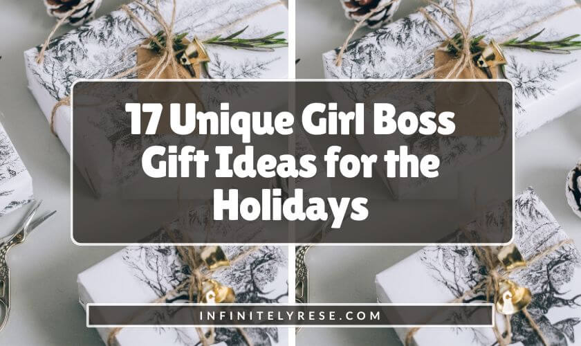 Presents wrapped in deer and snow-covered wrapping paper: Text reads: 17 Unique Girl Boss Ideas for the Holidays.
