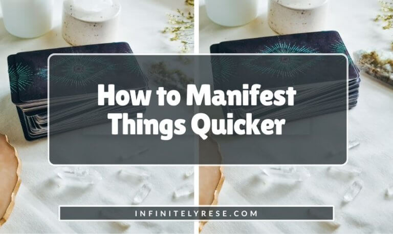 Tarot deck next to crystals and candles. Text reads: How to Manifest Things Quicker.
