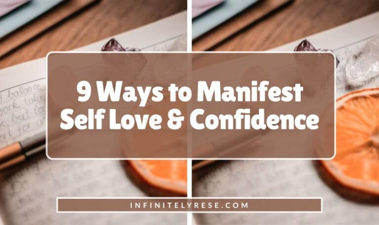 A crystal, orange slice, and ink pen on an open notebook. Text reads: 9 Ways to Manifest Self Love and Confidence.