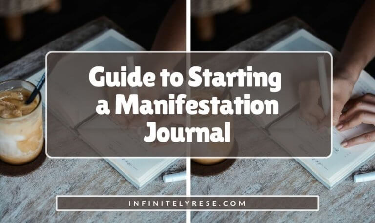 Woman writing in a notebook near an iced coffee on a coaster. Text reads: Guide to Starting a Manifestation Journal.