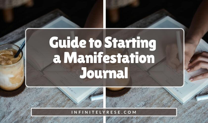 Woman writing in a notebook near an iced coffee on a coaster. Text reads: Guide to Starting a Manifestation Journal.