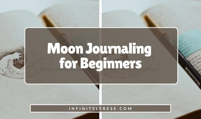 Open notebook with a pen in the spine. Text reads: Moon Journaling for Beginners.