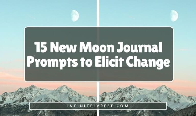 Mountains with a light blue and pink sky in the background. Text reads: 15 New Moon Journal Prompts to Elicit Change.