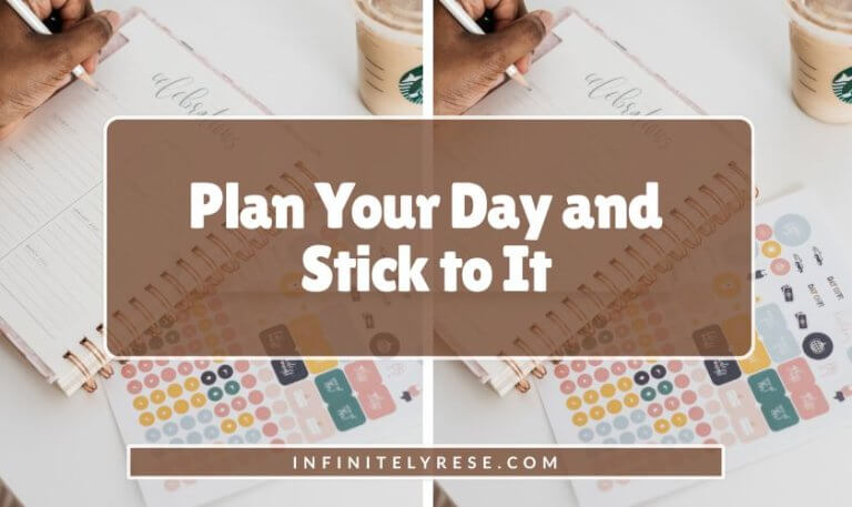 Open planner and colored stickers. Text reads: Plan Your Day and Stick to It.