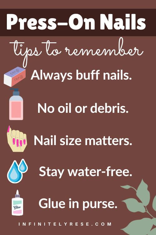 Pinterest image that lists 5 tips to remember: Always buff nails. No oil or debris. Nail size matter. Stay water-free. Glue in purse.
