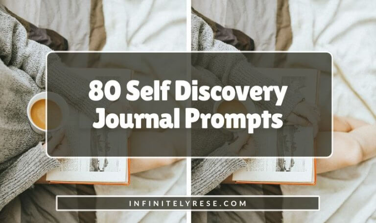 Woman holding a book and cup of coffee. Text reads: 80 Self Discovery Journal Prompts.