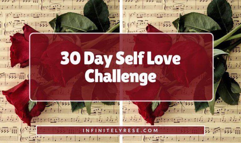 Red roses laying on music notes. Text reads: 30 Day Self Love Challenge.