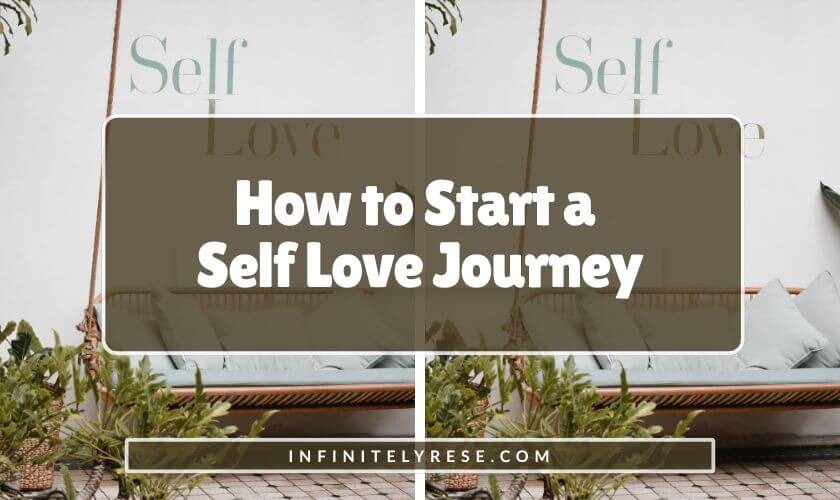 Small plants in front of a swing topped with pillows. Text reads: How to Start a Self Love Journey.