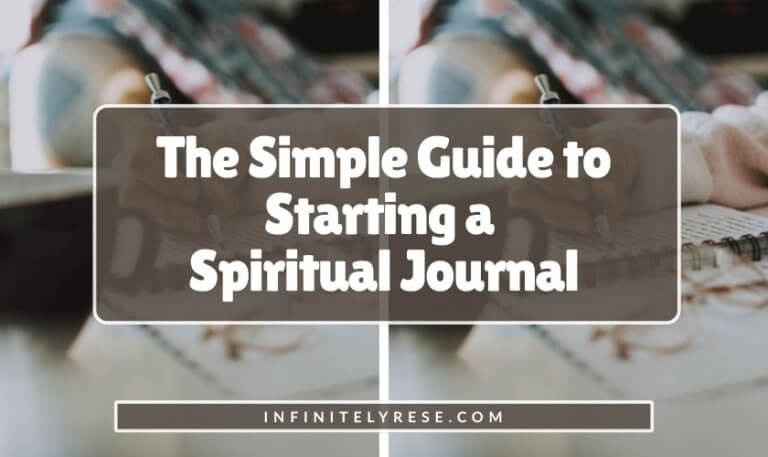 Woman writing in journal next to a coffee mug. Text reads: The Simple Guide to Starting a Spiritual Journal.