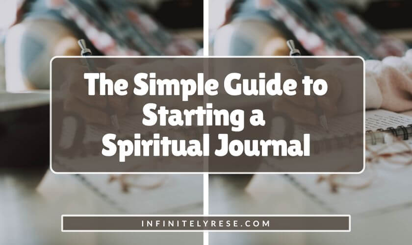 Woman writing in journal next to a coffee mug. Text reads: The Simple Guide to Starting a Spiritual Journal.