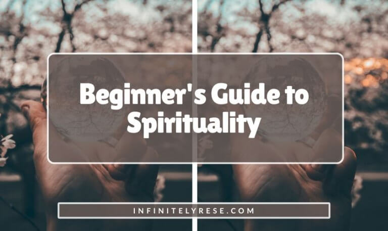 Hand holding clear glass ball against backdrop of trees. Text reads: Beginner's Guide to Spirituality.