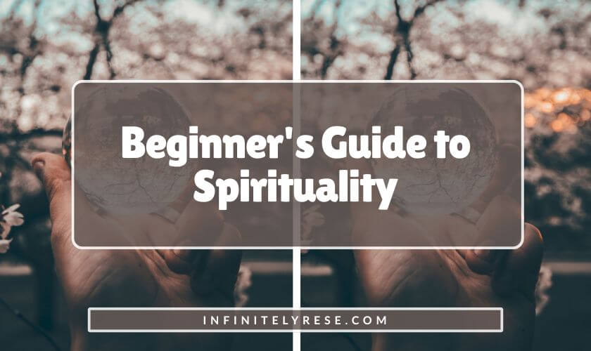 Hand holding clear glass ball against backdrop of trees. Text reads: Beginner's Guide to Spirituality.