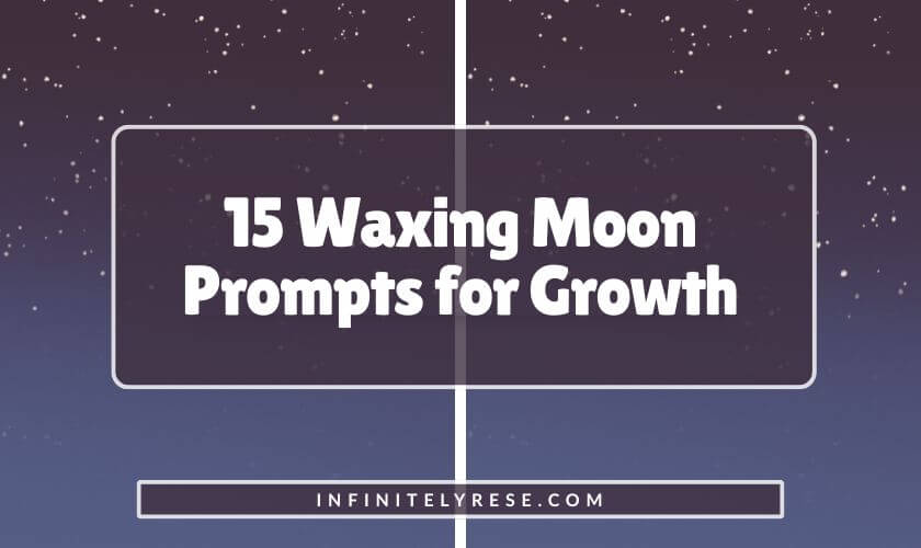 Light blue and dark blue background with white dots. Text reads: 15 Waxing Moon Prompts for Growth.
