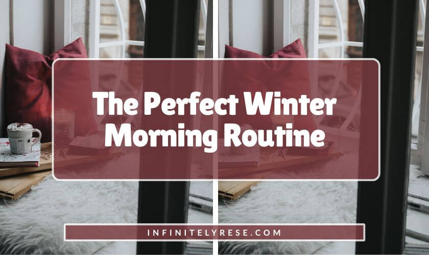 Cozy flat lay of red pillow, candle, and coffee mug. Text reads: The Perfect Winter Morning Routine.