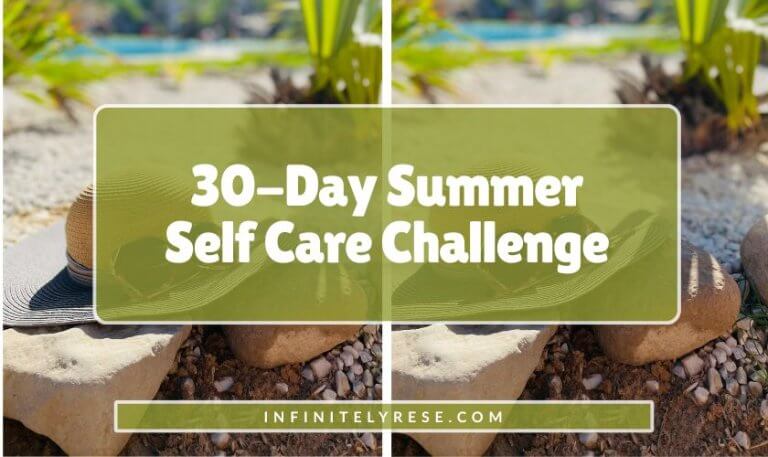 Beach hat and sunglasses on a rock. Text reads: 30 Day Summer Self Care Challenge