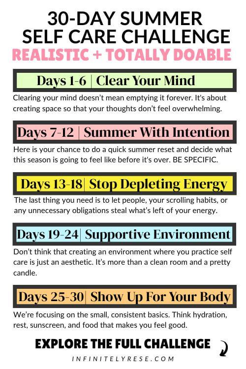 Text reads: 30 Day Summer Self Care Challenge Realistic and Doable